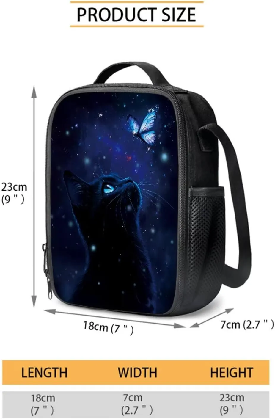 Black Cat and Butterfly Pattern 17" Large Capacity Backpack Thermal Lunch Bag Water Bottle Carrier 4Pcs Sets Back to School Supplies for Boy Girl School Bag Set