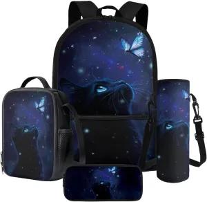 Black Cat and Butterfly Pattern 17" Large Capacity Backpack Thermal Lunch Bag Water Bottle Carrier 4Pcs Sets Back to School Supplies for Boy Girl School Bag Set