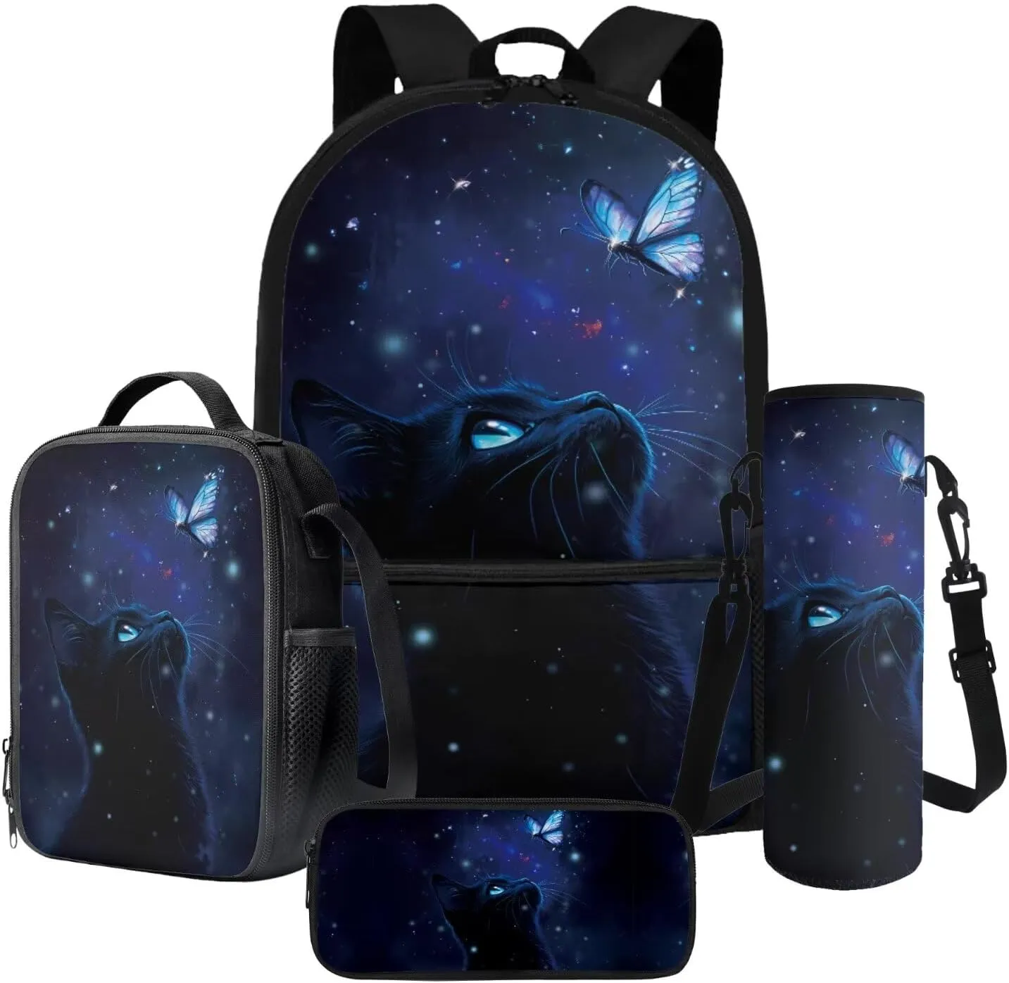 Black Cat and Butterfly Pattern 17" Large Capacity Backpack Thermal Lunch Bag Water Bottle Carrier 4Pcs Sets Back to School Supplies for Boy Girl School Bag Set