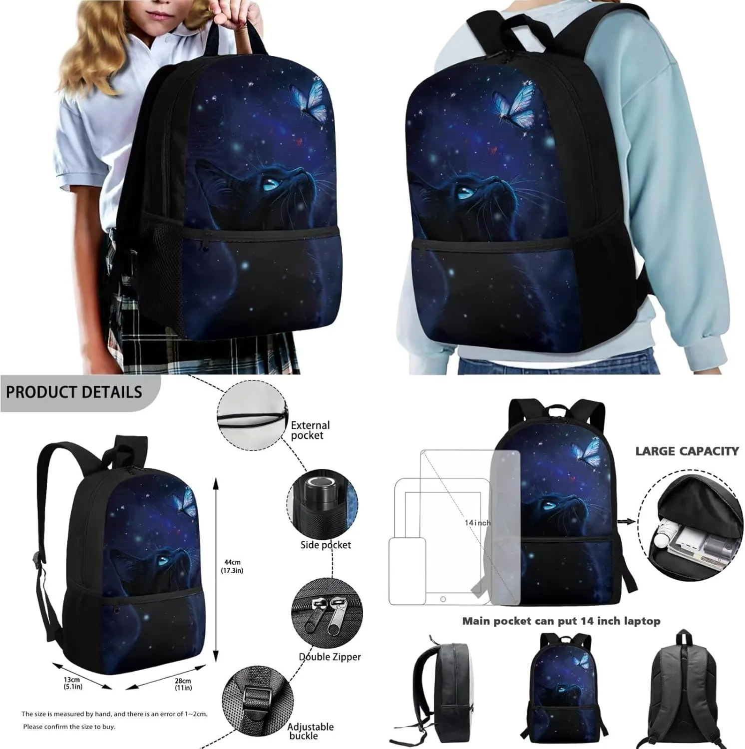 Black Cat and Butterfly Pattern 17" Large Capacity Backpack Thermal Lunch Bag Water Bottle Carrier 4Pcs Sets Back to School Supplies for Boy Girl School Bag Set