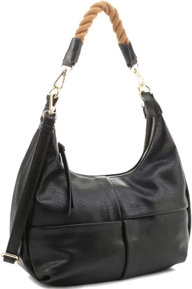 Boho Rope Handle Soft Vegan Leather Hobo Handbag Shoulder Bag Crossbody Purse
