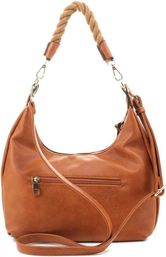 Boho Rope Handle Soft Vegan Leather Hobo Handbag Shoulder Bag Crossbody Purse