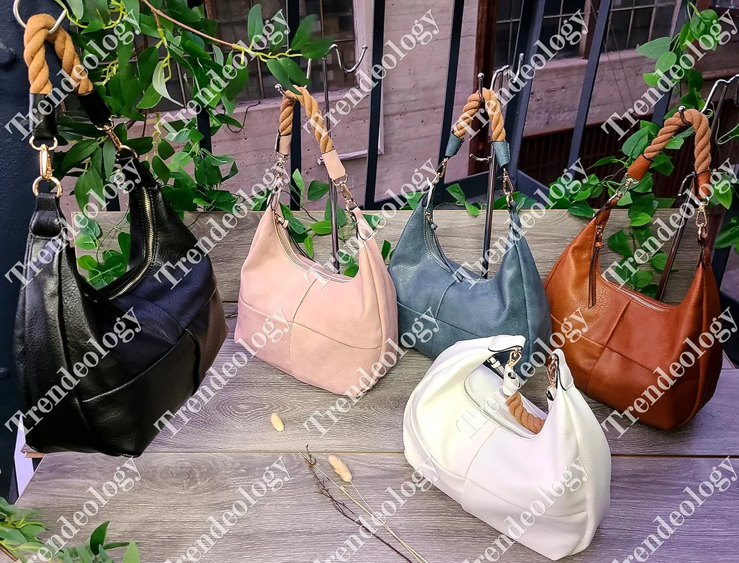 Boho Rope Handle Soft Vegan Leather Hobo Handbag Shoulder Bag Crossbody Purse