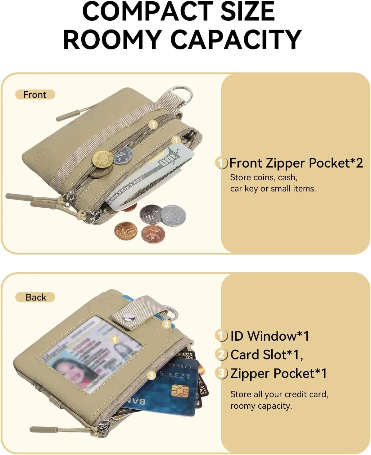 BOSTANTEN Small Wallet RFID, Minimalist Zip ID Case Wallet with Lanyard Keychain, Water Resistant Card Wallets for women & Men, Khaki