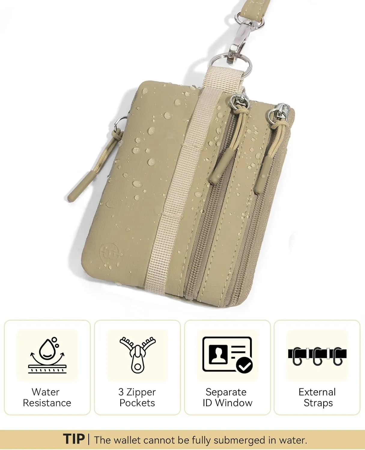 BOSTANTEN Small Wallet RFID, Minimalist Zip ID Case Wallet with Lanyard Keychain, Water Resistant Card Wallets for women & Men, Khaki