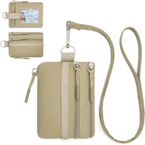 BOSTANTEN Small Wallet RFID, Minimalist Zip ID Case Wallet with Lanyard Keychain, Water Resistant Card Wallets for women & Men, Khaki