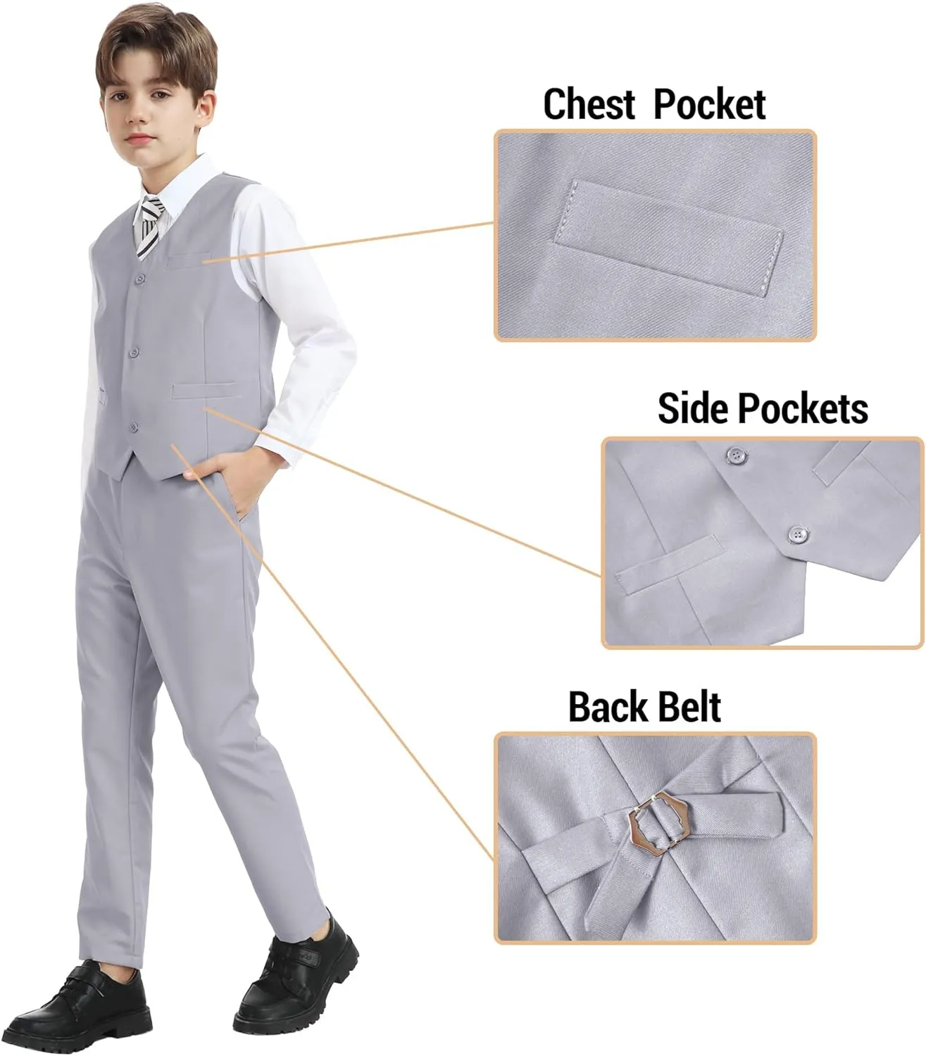 Boy's Formal Suit 7 Piece Slim Fit Tuxedo for Kids Teen Boys Jacket Vest and Pants Set for Wedding with Bow Tie Suspenders
