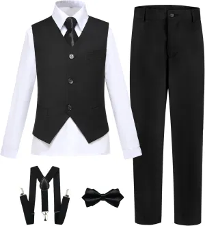 Boy's Formal Suit 7 Piece Slim Fit Tuxedo for Kids Teen Boys Jacket Vest and Pants Set for Wedding with Bow Tie Suspenders