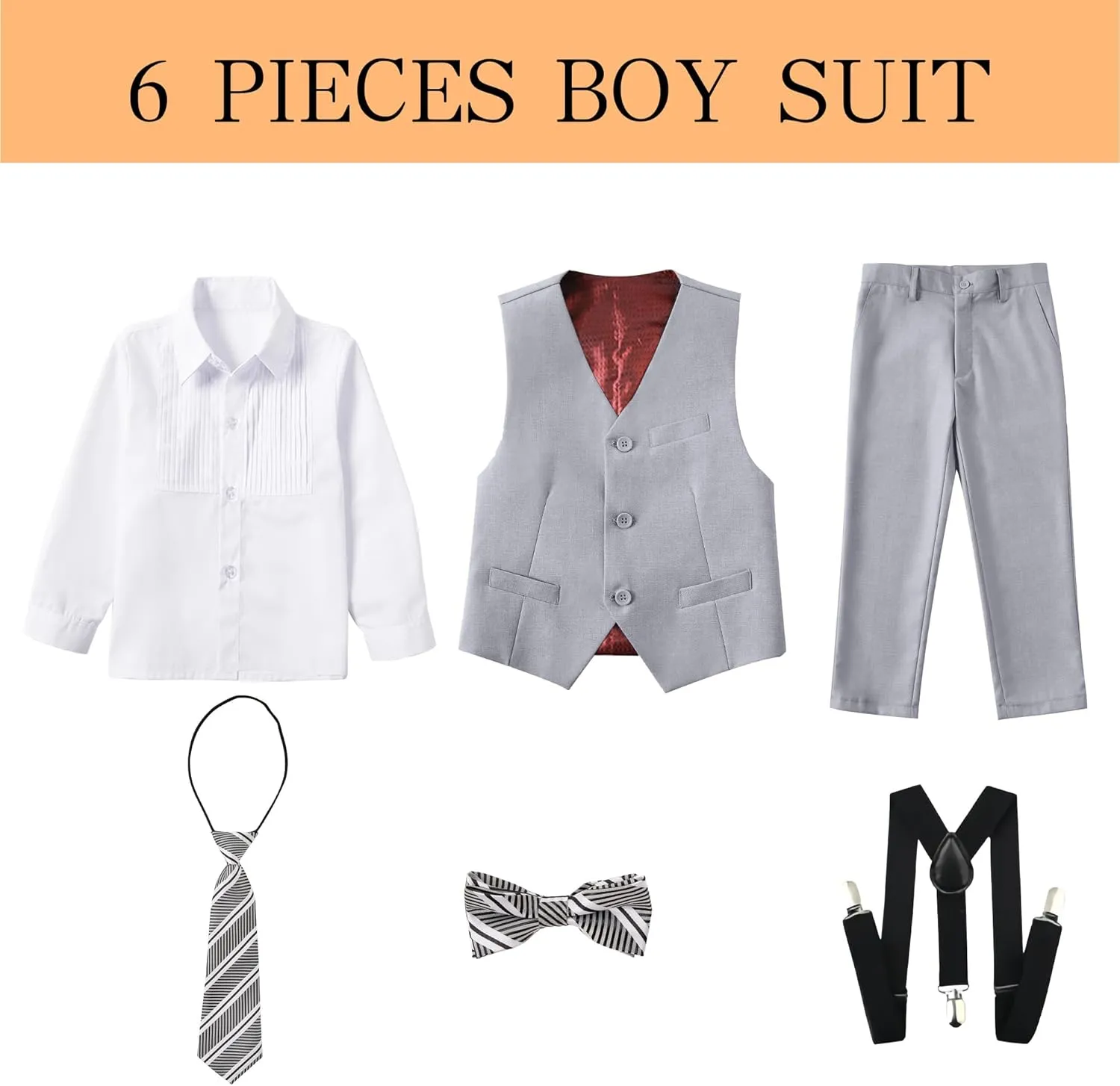 Boy's Formal Suit 7 Piece Slim Fit Tuxedo for Kids Teen Boys Jacket Vest and Pants Set for Wedding with Bow Tie Suspenders