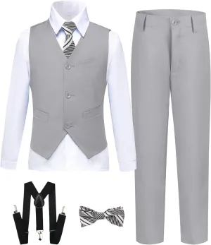 Boy's Formal Suit 7 Piece Slim Fit Tuxedo for Kids Teen Boys Jacket Vest and Pants Set for Wedding with Bow Tie Suspenders