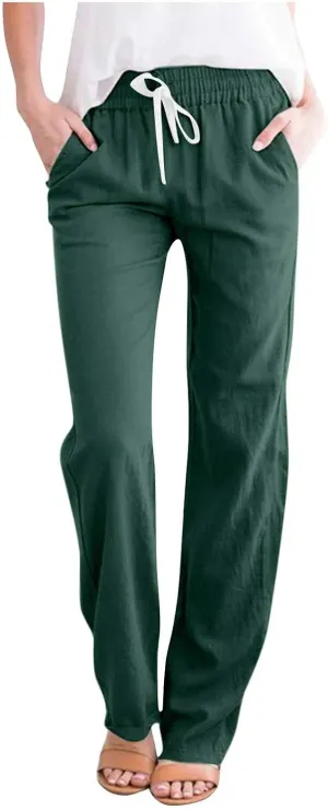 BZGTZT Cotton Linen Pants for Women Casual 2024 Summer Drawstring Elastic High Waist Pants Straight Wide Leg Trousers