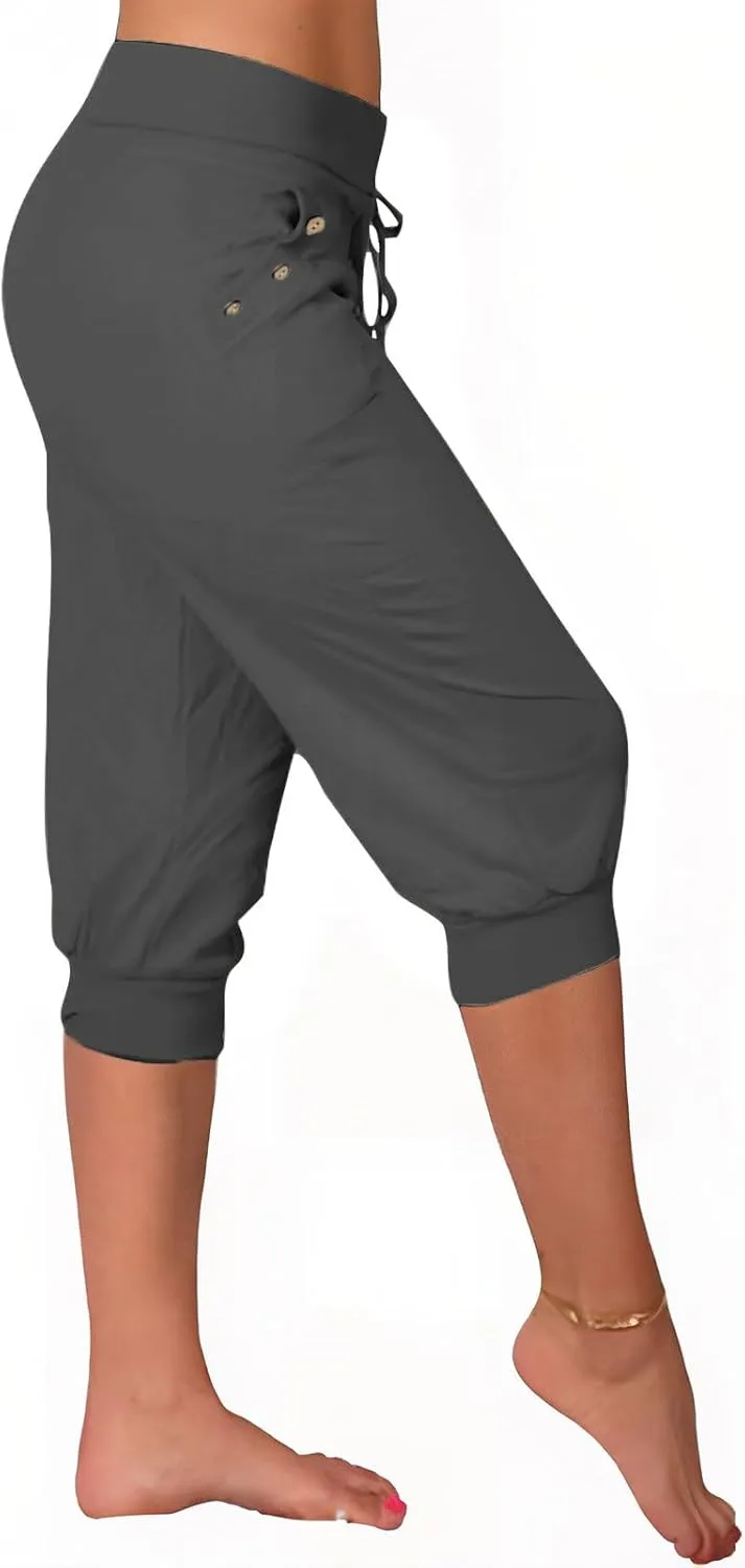 Capri Pants for Women Stretch High Waisted Yoga Pants Casual Summer Drawstring Capris Cropped Trousers with Pockets