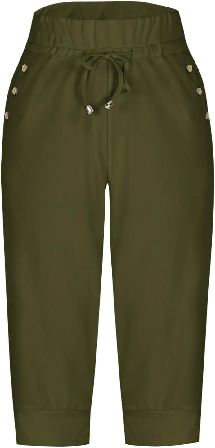 Capri Pants for Women Stretch High Waisted Yoga Pants Casual Summer Drawstring Capris Cropped Trousers with Pockets
