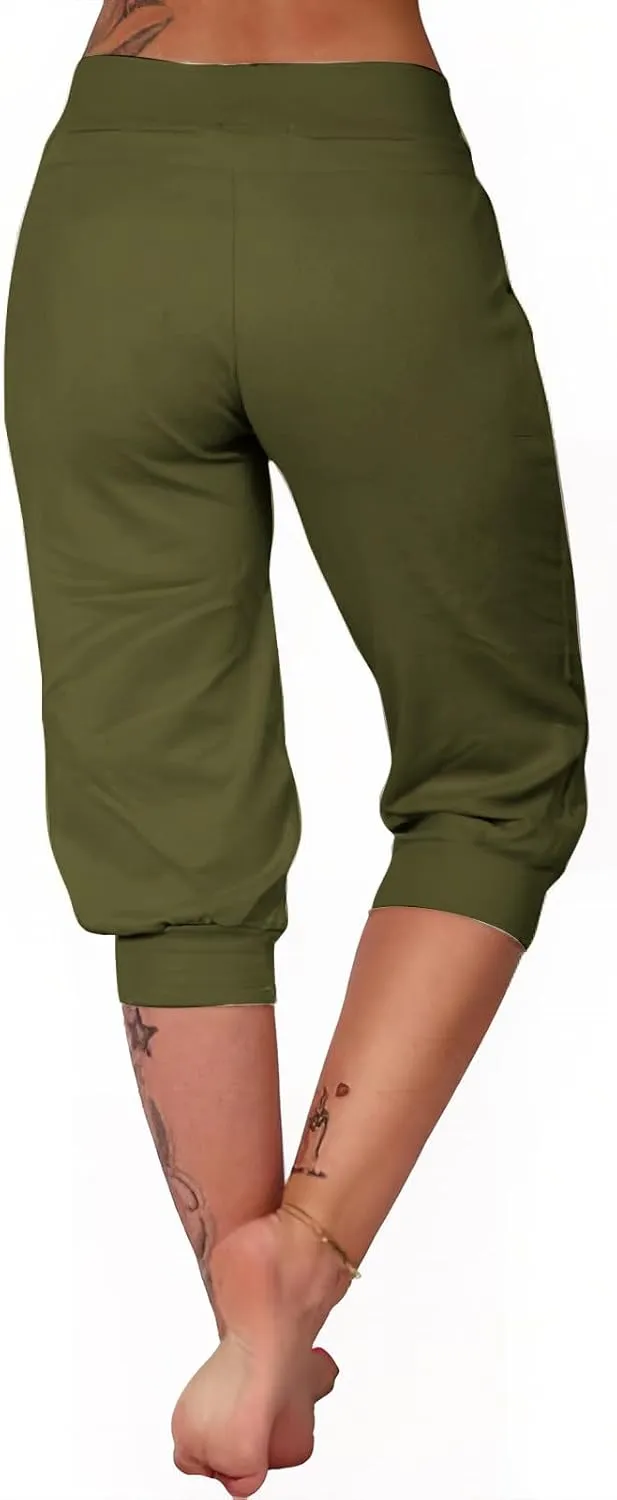 Capri Pants for Women Stretch High Waisted Yoga Pants Casual Summer Drawstring Capris Cropped Trousers with Pockets