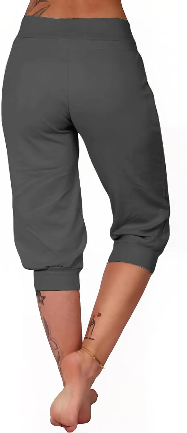 Capri Pants for Women Stretch High Waisted Yoga Pants Casual Summer Drawstring Capris Cropped Trousers with Pockets