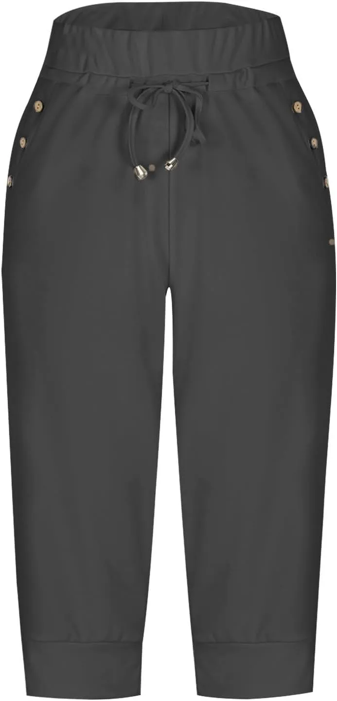 Capri Pants for Women Stretch High Waisted Yoga Pants Casual Summer Drawstring Capris Cropped Trousers with Pockets