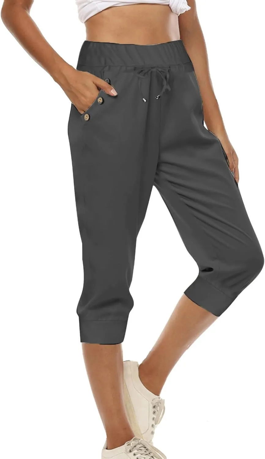 Capri Pants for Women Stretch High Waisted Yoga Pants Casual Summer Drawstring Capris Cropped Trousers with Pockets