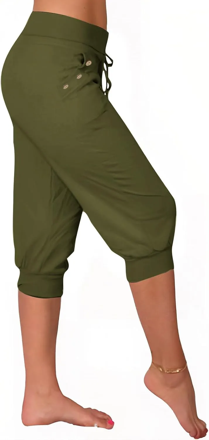 Capri Pants for Women Stretch High Waisted Yoga Pants Casual Summer Drawstring Capris Cropped Trousers with Pockets