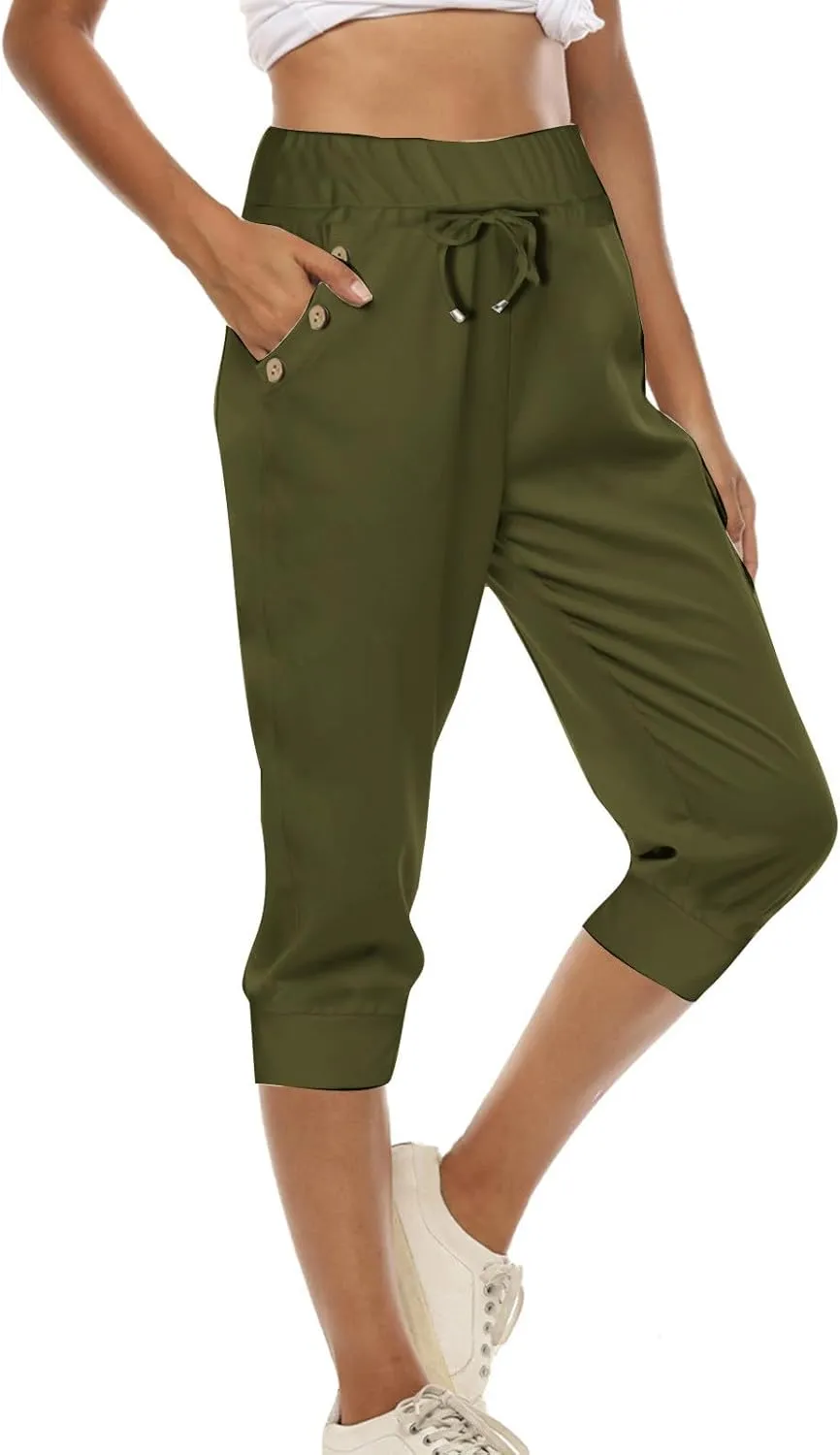 Capri Pants for Women Stretch High Waisted Yoga Pants Casual Summer Drawstring Capris Cropped Trousers with Pockets