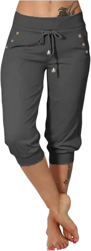 Capri Pants for Women Stretch High Waisted Yoga Pants Casual Summer Drawstring Capris Cropped Trousers with Pockets