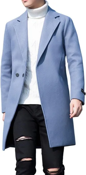 CHARTOU Men's Notched Collar 1 Button Slim Fit Midi Trench Pea Coat Jacket