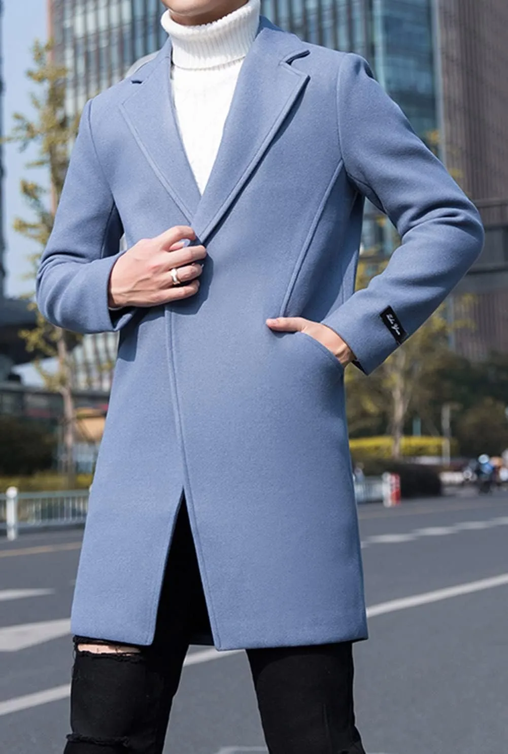CHARTOU Men's Notched Collar 1 Button Slim Fit Midi Trench Pea Coat Jacket