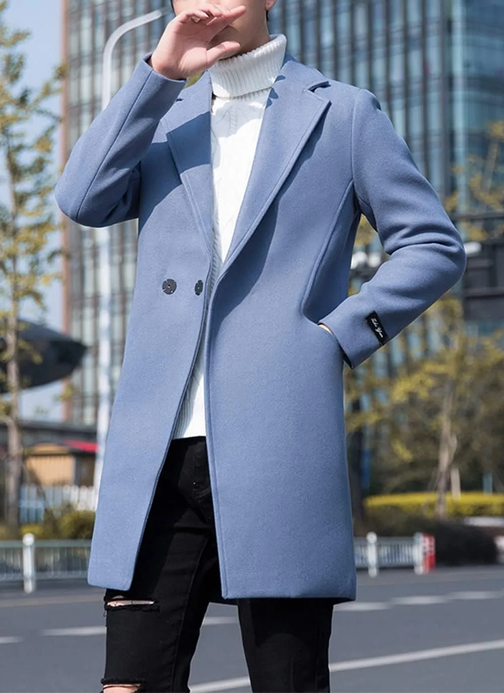CHARTOU Men's Notched Collar 1 Button Slim Fit Midi Trench Pea Coat Jacket