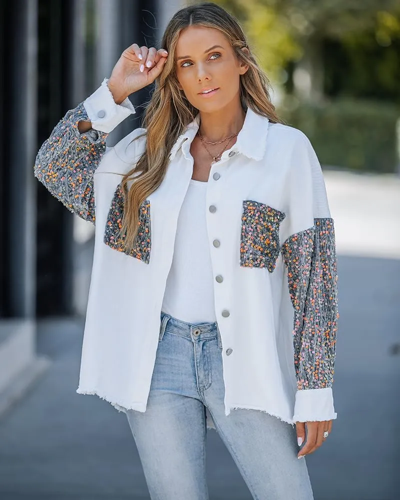 CHICME BEST SHOPPING DEALS Womens Jacket Sequin Patchwork Long Sleeve Jacket Top Button Front Oversized Denim Shacket