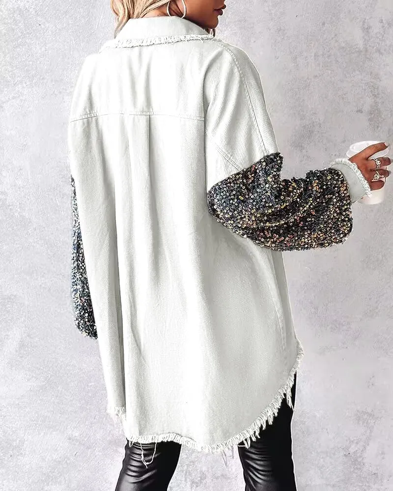 CHICME BEST SHOPPING DEALS Womens Jacket Sequin Patchwork Long Sleeve Jacket Top Button Front Oversized Denim Shacket