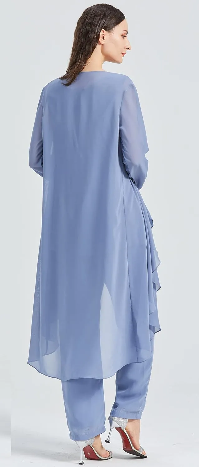 Chiffon Mother of The Bride Pant Suits with Jacket 3 Pieces Formal Dress for Wedding Guest Long Outfit Set
