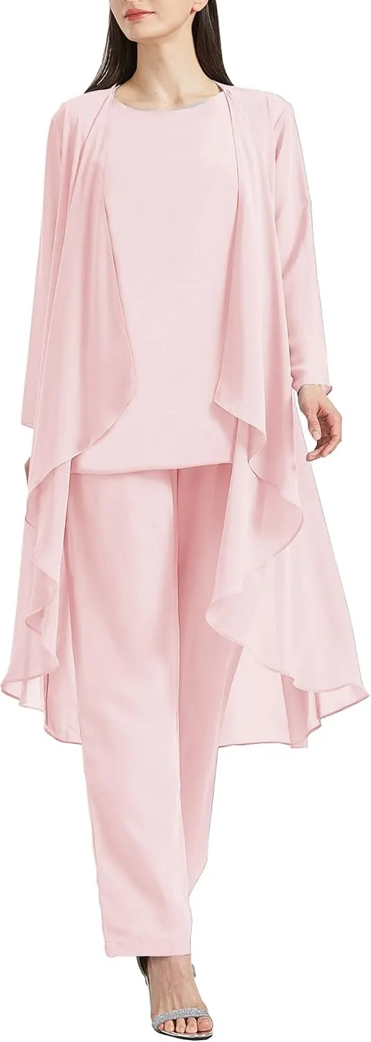 Chiffon Mother of The Bride Pant Suits with Jacket 3 Pieces Formal Dress for Wedding Guest Long Outfit Set