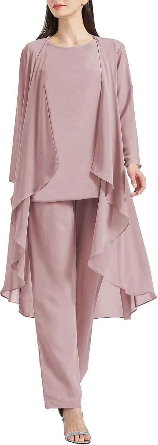 Chiffon Mother of The Bride Pant Suits with Jacket 3 Pieces Formal Dress for Wedding Guest Long Outfit Set