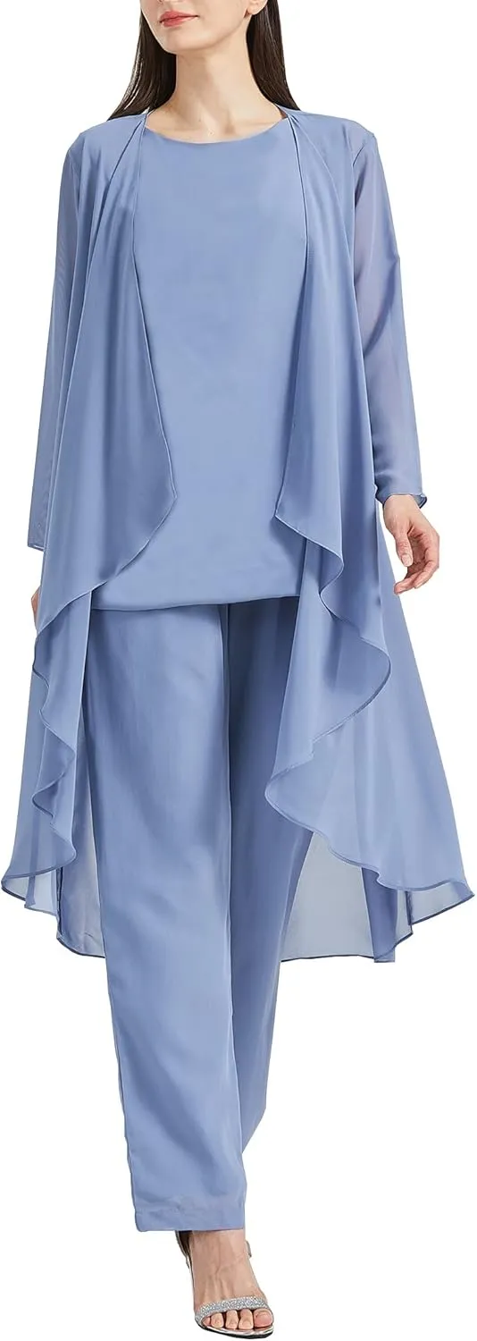 Chiffon Mother of The Bride Pant Suits with Jacket 3 Pieces Formal Dress for Wedding Guest Long Outfit Set