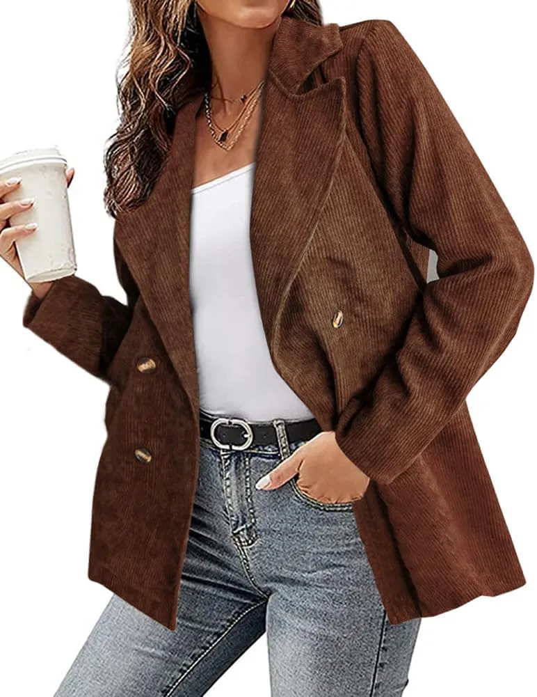 chouyatou Women's Fall Notch Lapel Corduroy Blazer Jacket Double Breasted Office Dressy Work Suit
