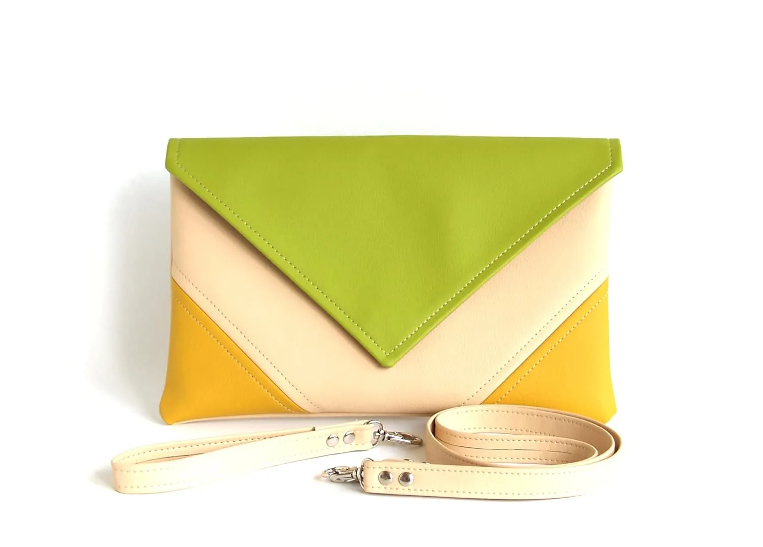 Clutch Bag envelope Handemade Green Lime Green Yellow Cream Purse Vegan Eco Faux leather Handbag Strap Evening Bag wedding bridesmaid