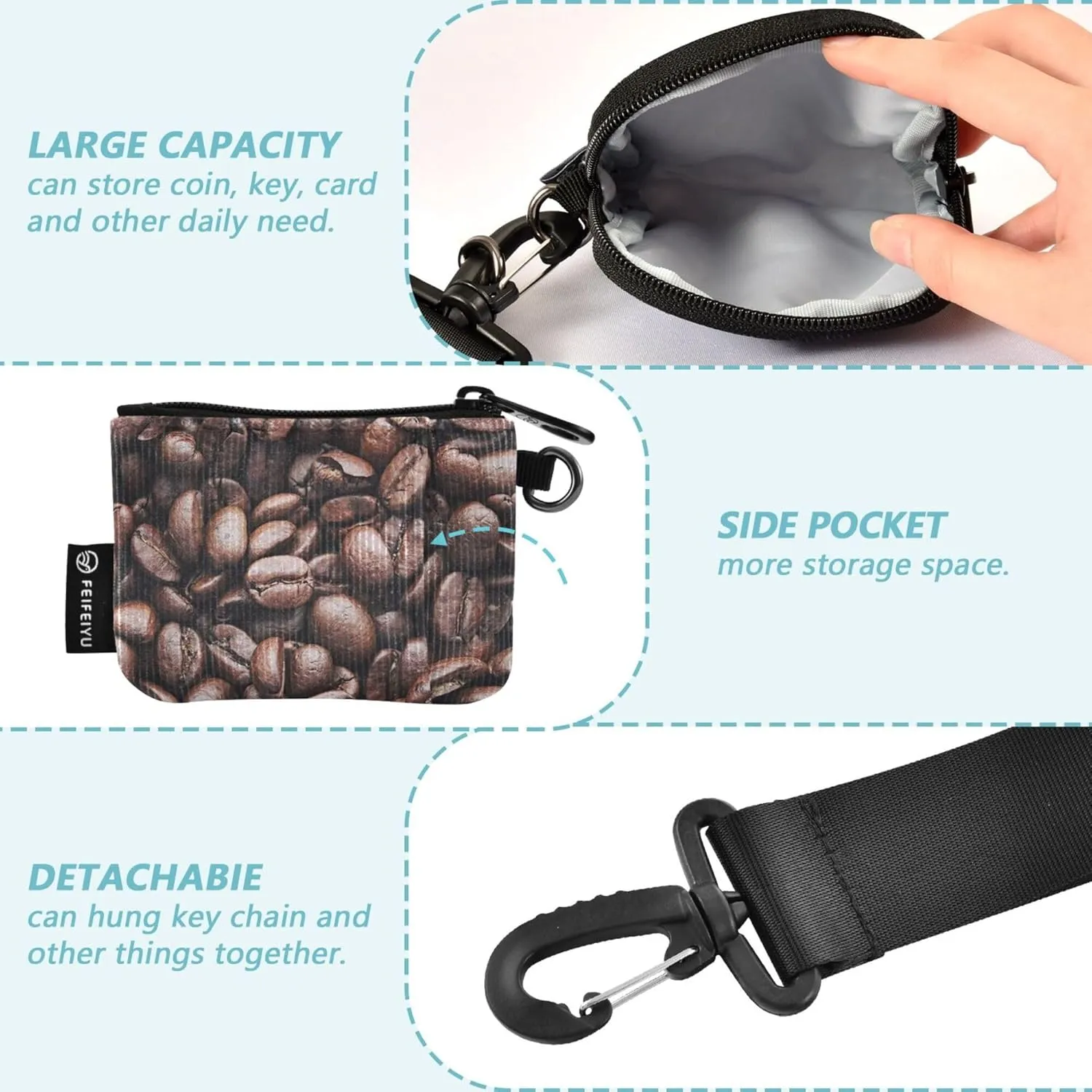 Coffee Bean Women's Card Cases Change Holder Minimalist Zipper Coin Purse Wallet with Keychain for Men Women 2 Pcs