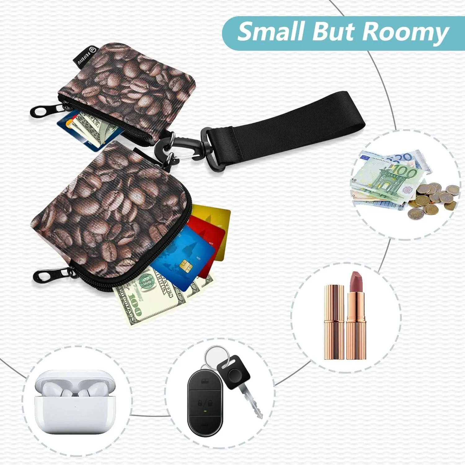 Coffee Bean Women's Card Cases Change Holder Minimalist Zipper Coin Purse Wallet with Keychain for Men Women 2 Pcs