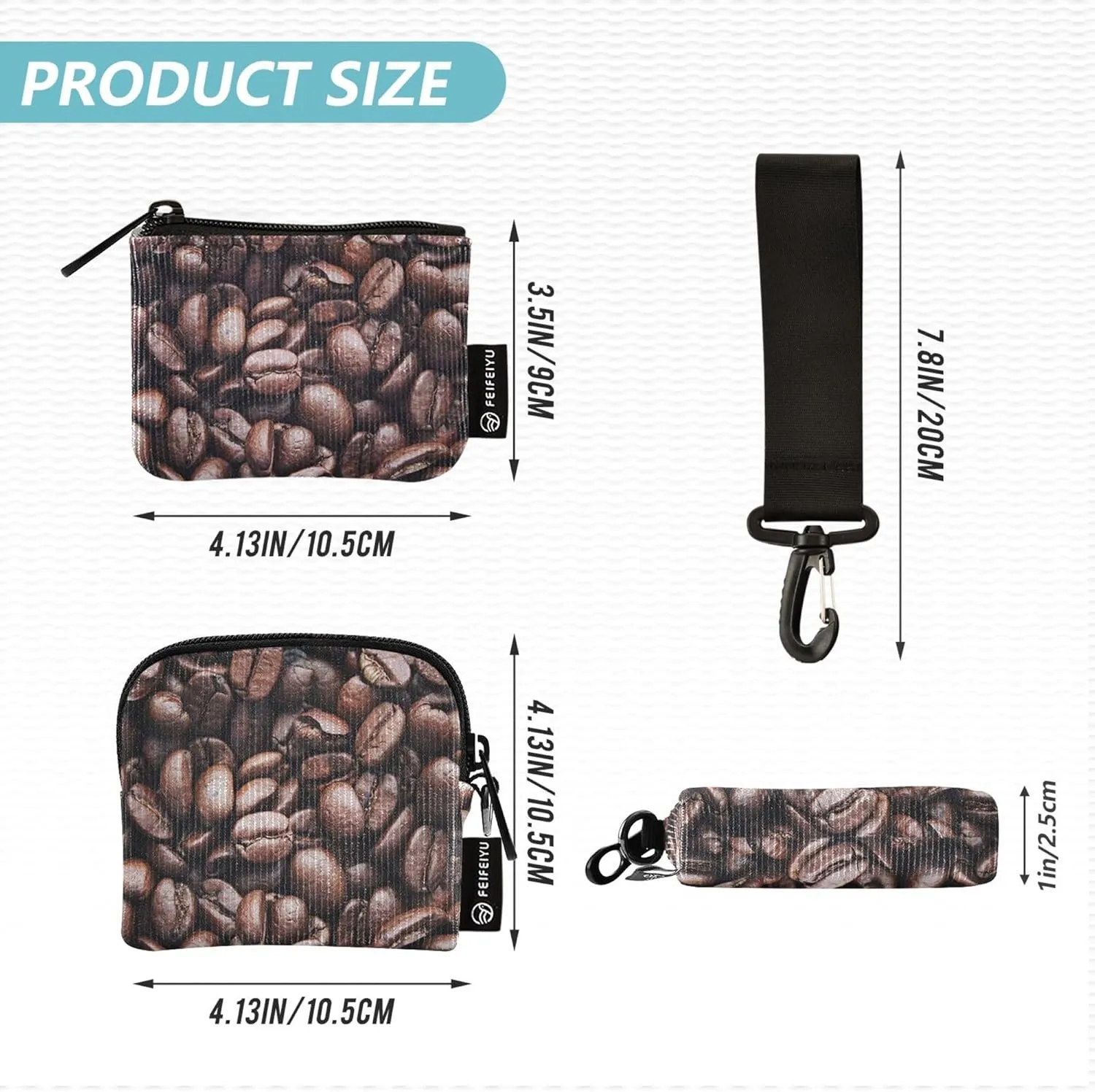 Coffee Bean Women's Card Cases Change Holder Minimalist Zipper Coin Purse Wallet with Keychain for Men Women 2 Pcs