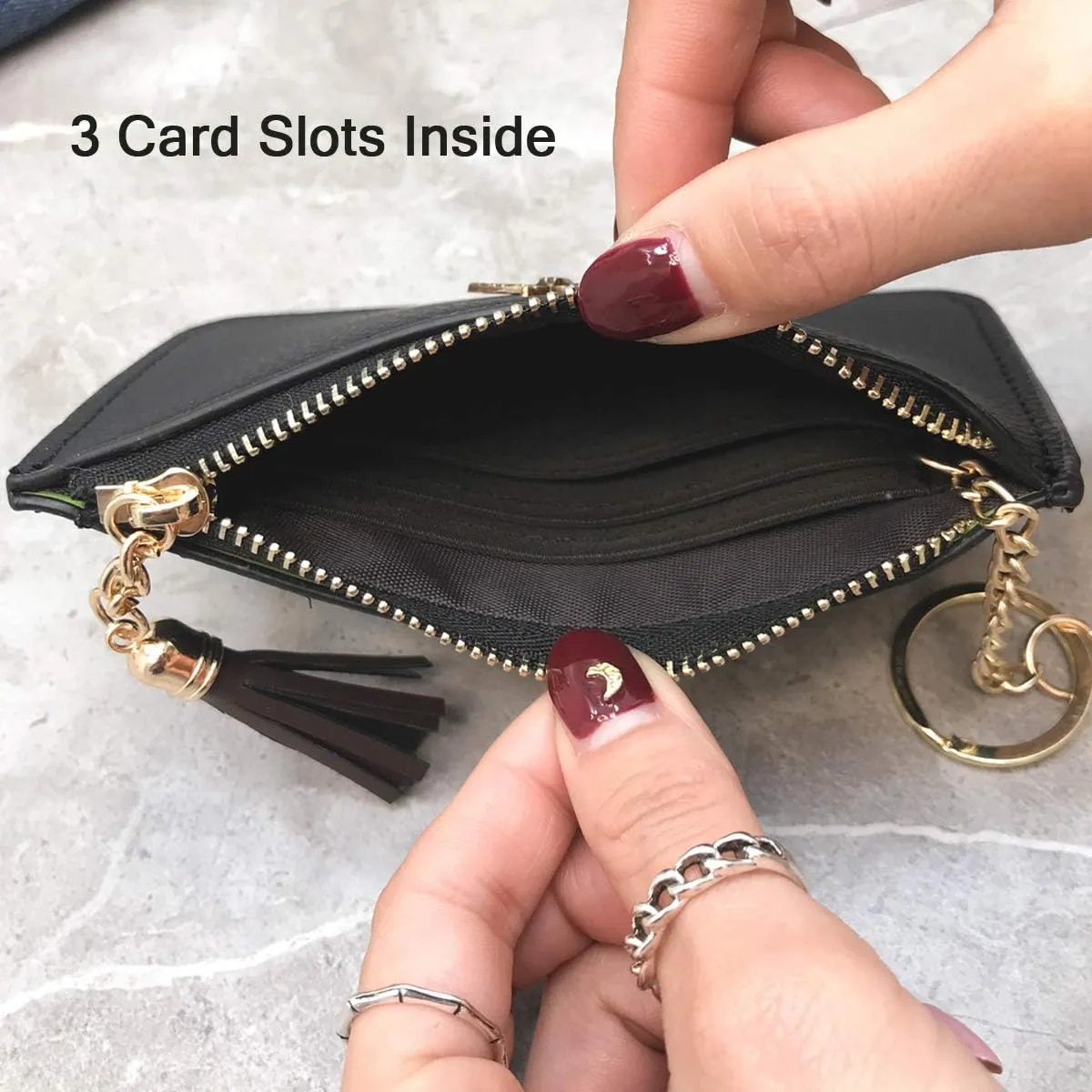 Coin Purse Change Wallet Pouch Leather Card Holder with Key Chain Tassel Zip(Black)
