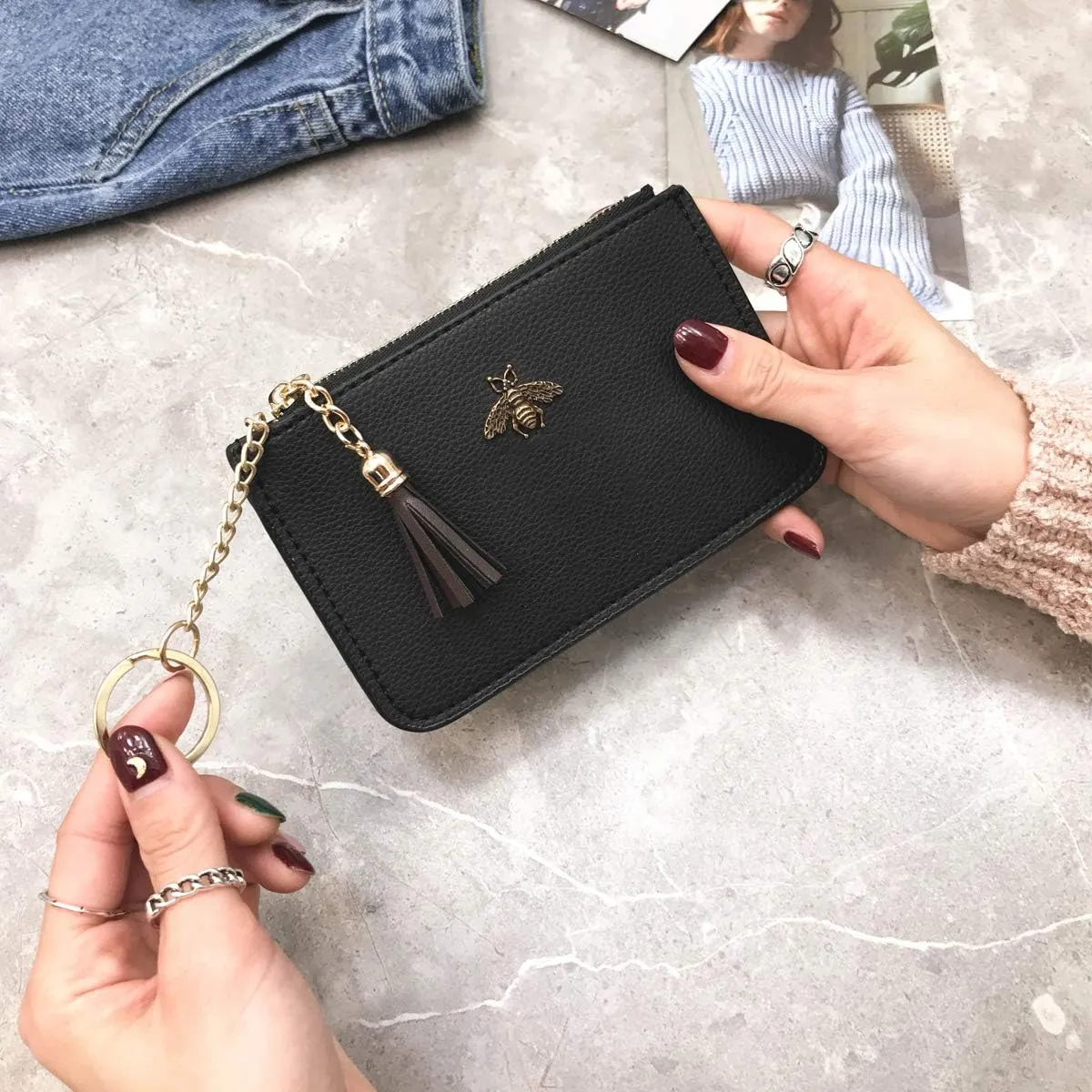 Coin Purse Change Wallet Pouch Leather Card Holder with Key Chain Tassel Zip(Black)