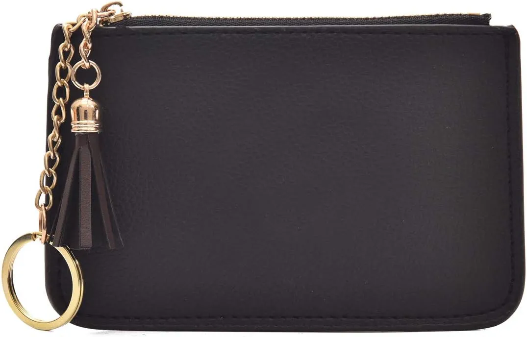Coin Purse Change Wallet Pouch Leather Card Holder with Key Chain Tassel Zip(Black)