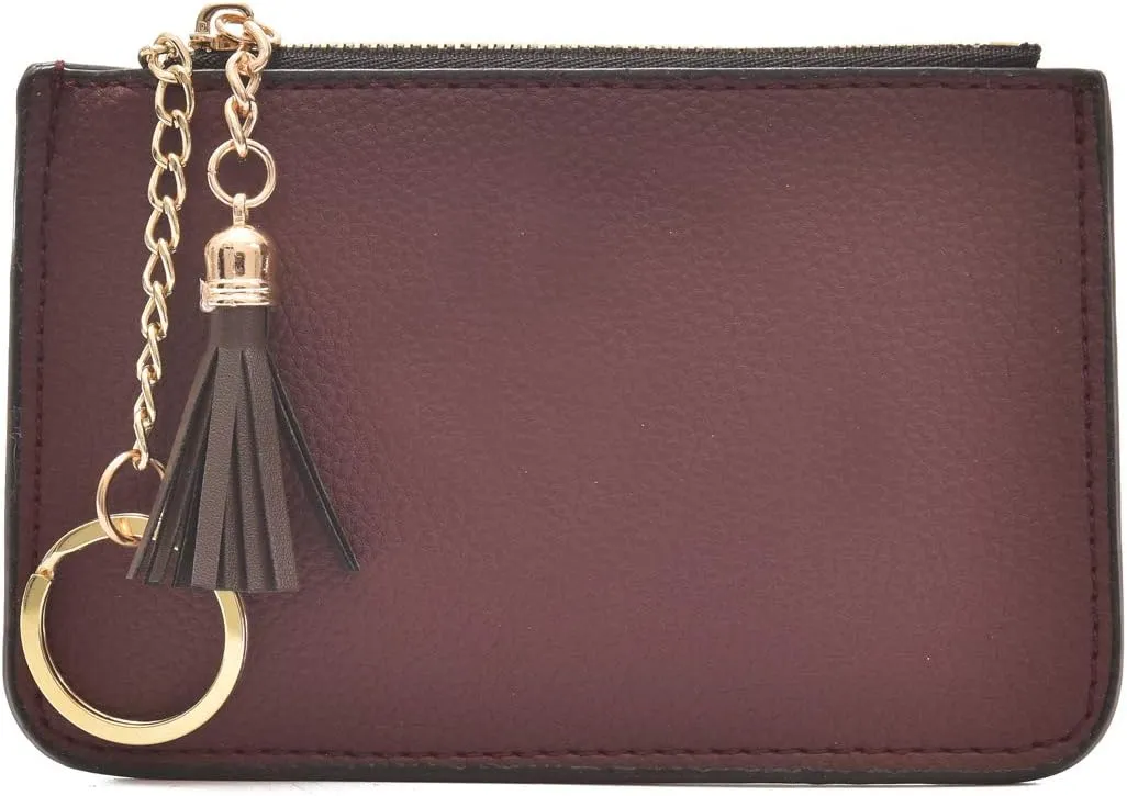 Coin Purse Change Wallet Pouch Leather Card Holder with Key Chain Tassel Zip(Burgundy)