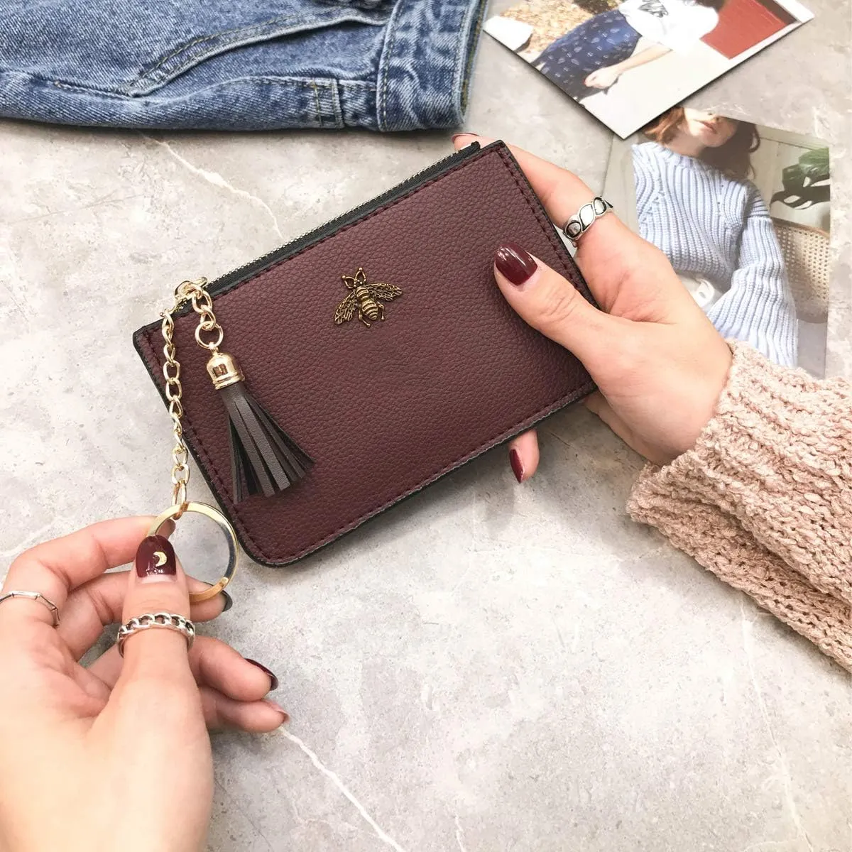 Coin Purse Change Wallet Pouch Leather Card Holder with Key Chain Tassel Zip(Burgundy)