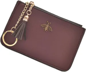 Coin Purse Change Wallet Pouch Leather Card Holder with Key Chain Tassel Zip(Burgundy)