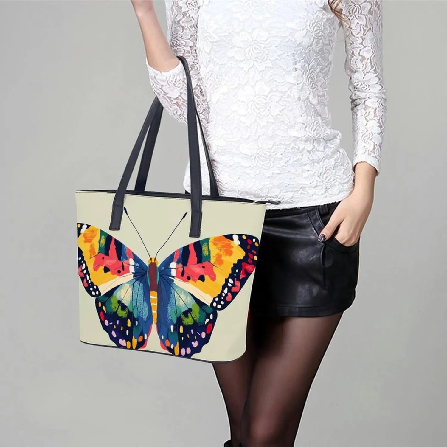 Colorful Butterfly Women Soft Leather Handbags Tote Purses Shoulder Bucket Bags