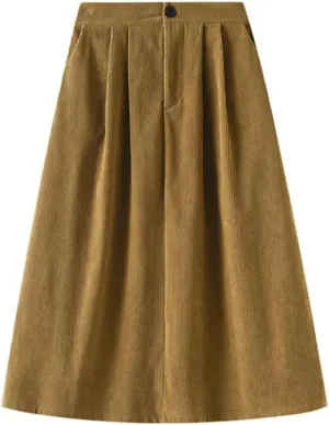 Corduroy Pleated Winter Women Midi Skirts High Waist Solid Korean Style Draped A-Line Umbrella Skirt