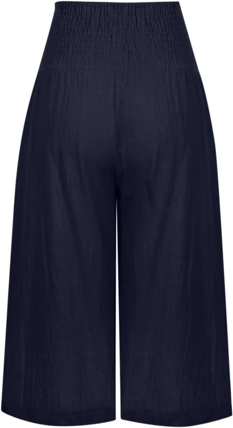 Cotton Linen Capris Pants for Women Casual Summer Loose Wide Leg Pant High Waist Straight Cropped Trousers