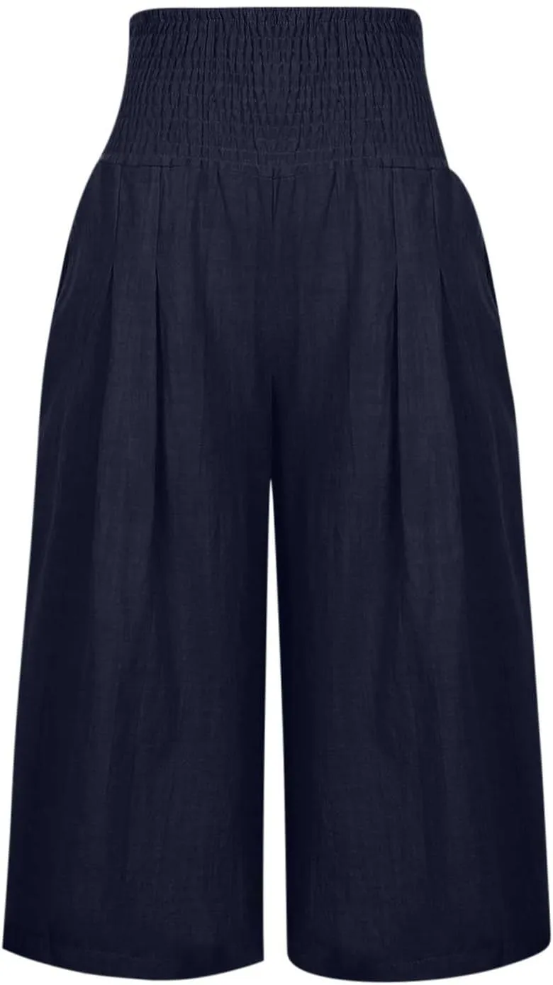 Cotton Linen Capris Pants for Women Casual Summer Loose Wide Leg Pant High Waist Straight Cropped Trousers