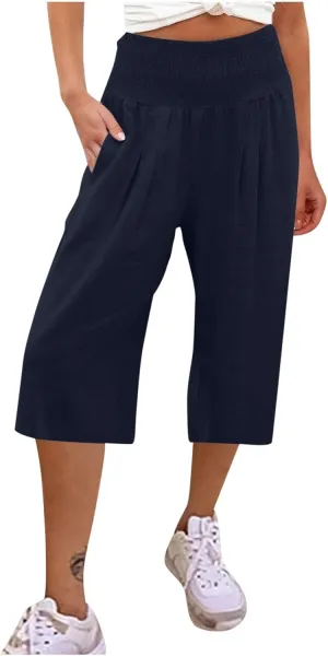 Cotton Linen Capris Pants for Women Casual Summer Loose Wide Leg Pant High Waist Straight Cropped Trousers