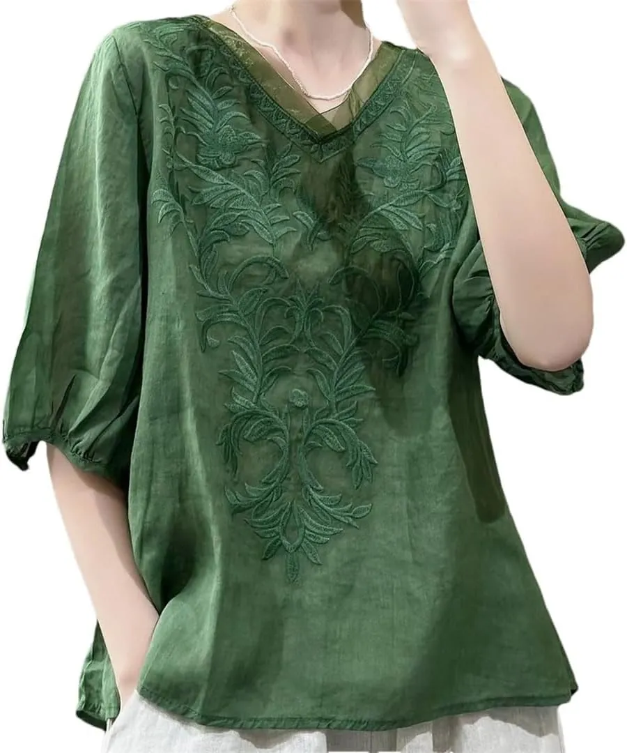 Cotton Linen Shirts for Women 2025 Floral Embroidered Tops Boho Ethnic Women 3/4 Sleeve V Neck Button Tunic Tshirt